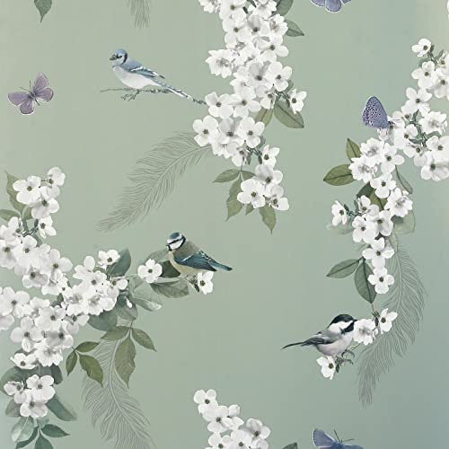 World of Wallpaper Mitzu Bird, Matte, Sage Green (900105) | Easy to apply wallcovering, Feature Wall, Butterflies, Blossoms, Feathers, Bedroom, Living Room (10.05m x 53cm roll)