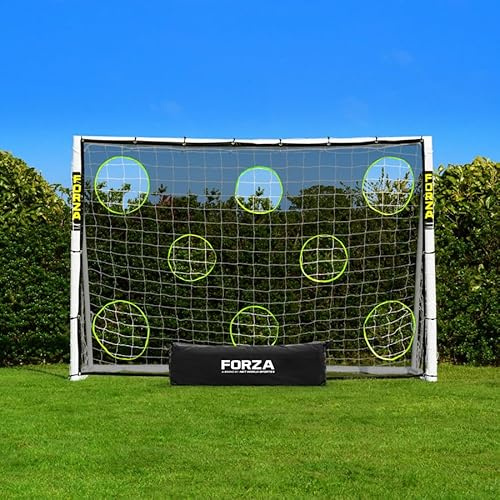 FORZA But de Football/Futsal de 3 m x 2 m | uPVC Durable et Résistant aux Intempéries | Équipement de Jardin | Ballon d’Entraînement, Mur de Tir et Sac en Option (But + Sac + Ballon + Mur de Tir)