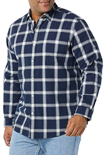 Amazon Essentials Camisa en Popelina Elástica de Manga Larga y Corte Regular Hombre, Azul Marino Blanco Cuadros de Vichy Grandes, XL