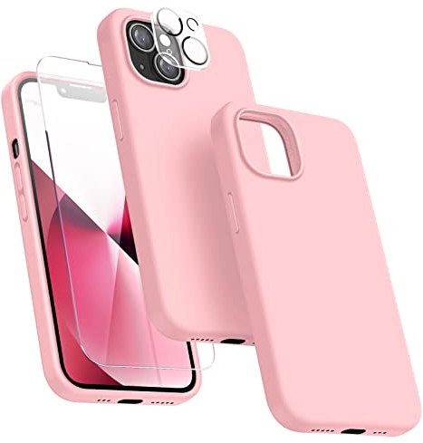 Dssairo [5-in-1 Entworfen für iPhone 13 Hülle, mit 2xDisplayschutzfolie + 2xKameraobjektivschutz, Flüssigsilikon, Handyhülle [weiches, kratzfestes Mikrofaser-Futter] 15.5 cm (6.1 Zoll) 2021 (Rosa)…