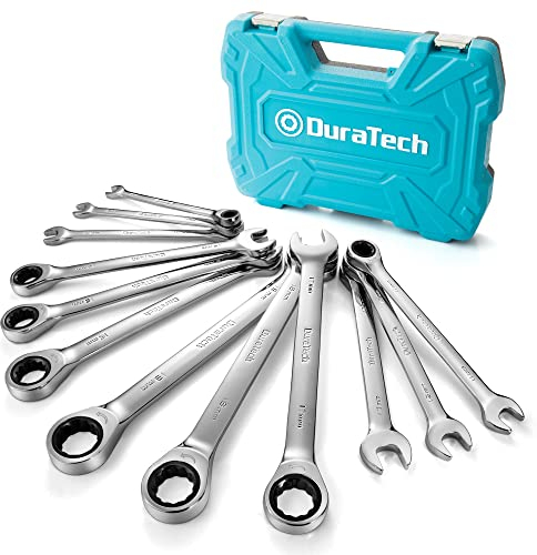 DURATECH 12-Piece Ratcheting Combination Wrench Set, Fixed Head Open End Ratchet Combination Spanner Set, Metric, 8-19mm, Cr-v Steel, Organized in Storage Case
