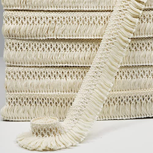 10 Yard 40mm/1.57 Inch Beige Vintage Knotted Cotton Fringe Tassels Trim, Boho Long Fringe Trim, Sewing Fringe Trim for Drapery Curtain Pillow Carpet Lamp Crafts (Beige-40mm)