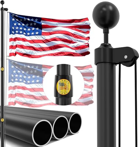 IIOPE 25FT Heavy Duty Flag Pole,14-Gauge Aluminum,Resist Strong Wind Reinforcement Ring Patent,Sectional Black Residential Flagpole Complete Kit - USA Flag,Black Ball, Aluminum Clips