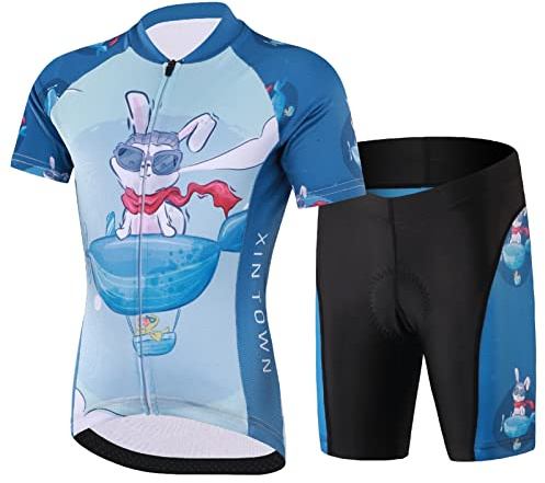 SXSHUN Children's Boys Cycling Jersey Girls Cycling Jersey Cycling Shorts with Seat Padding Short Sleeve Cycling Shirt Cycling Suits, Blue+Rabbit, 122 cm-128 cm