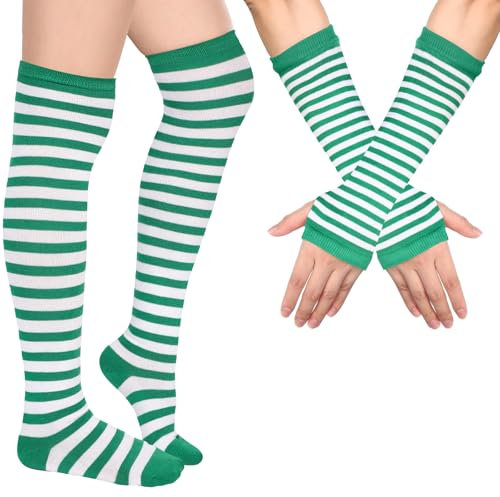 Blulu Armstulpe Beinwärmer für Damen Gestreifter Oberschenkel Strumpf Fingerlose Handschuhe Streifen Strumpf (Weiß und Grün)