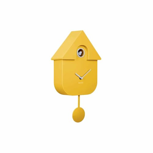 Karlsson Bright Modern Cuckoo Wall Clock with Swinging Pendulum and Tweeting Bird Song (Bright Yellow)