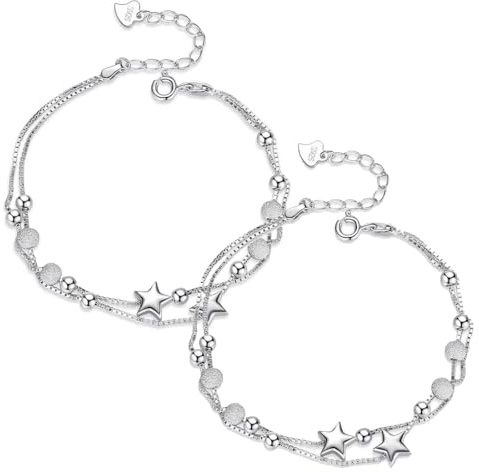 WMUVAZA Bracciale in Argento Con Stelle e Perline, 2 Pezzi Bracciale Donna, Catena Stella Braccialetto, Lunghezza Regolabile Gioielli