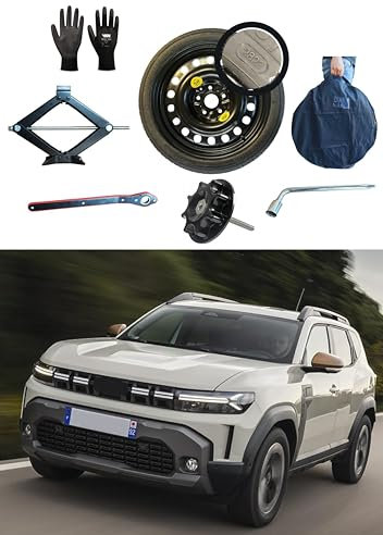 Kit de roue d'escorte 16 compatible avec Dacia Duster avec Cric, Clé, Vis, Gants et Sac 145/90R16