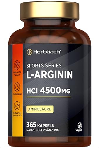 Arginina Compresse 4500 mg | 365 Compresse Vegane | Arginina HCl | Alternativa ad Arginina Polvere | Alto Dosaggio | Aminoacido Pre & Post Workout | di Horbaach