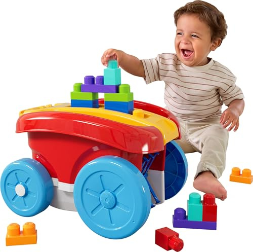 Mega Bloks - Vagone Raccogli Blocchi, Set con Veicolo Rosso trainabile e 20 Blocchi da Costruzione, vano portaoggetti Interno Incluso, Giocattolo per Bambini, 1+ Anni, JFR30