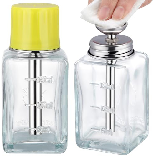 Noverlife 2PCS 6Oz / 180ml Clear Acetone Dispenser with Cap, Square Glass Nail Polish Remover Pump Alcohol Dispenser Alcohol Bottle, Refillable Push Down Pump Bottle for Makeup Remover