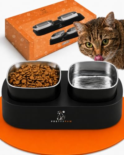 Pretty Paw Gamelle Double Surélevée pour Chat, 2 Bols INOX, Noir | Support Gamelle, Acier Inoxydable, Base Antidérapante, Hauteur Ergonomique, Gamelle Double Chat