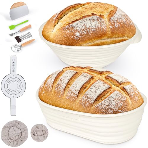 FIVAVA Gärkörbchen Gärkorb Set 25 cm Runde & 23cm Oval,Brot Backen Zubehör,Brot Gärkorb mit 5 Bäckermesser,Teigschaber, Silikon Teigbürste,Teigbesen,Leinentuch