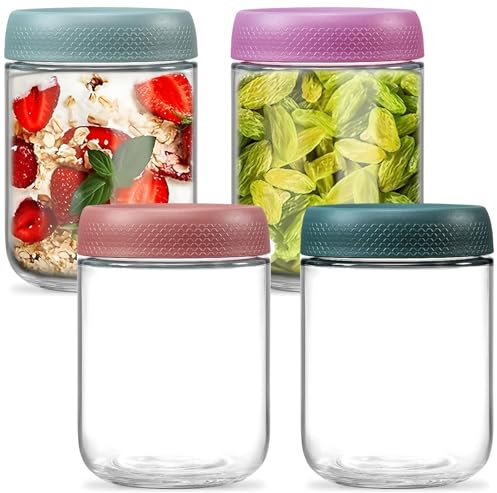 DUBUOZA Tarros de Avena Nocturna 4 piezas 500ml Botes de Cristal con Tapa Overnight Oats Jar para Yogur,Cereales,Especias,Judías,Mermelada