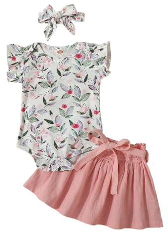 HEOXIN Abbigliamento Neonata Tutina Senza Maniche Con Volant e Stampa Floreale + Gonna + Cerchietto + Cintura, Set Pagliaccetto Neonato Estivo, Rosa, 3-6 Mesi