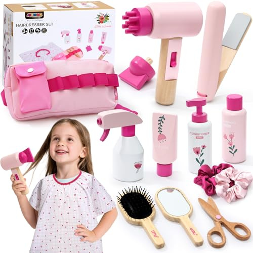 Atoylink Set Peluqueria Juguete de Madera para Niña, Set Salón de Belleza Juguetes con Accesorios de Maquillaje, Juego de Peluquería Cumpleaños Regalo para Niñas Niños 3 4 5 6 7 Años