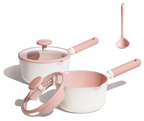 CAROTE 2.5QT & 3.0QT Sauce Pan Sets with Lid & Ladle Ceramic Nonstick Pot Set Non Toxic Saucepan with Stay-cool Handle Small Kitchen Cooking Pots, Easy to Clean, Induction Comptable, PFOA FREE