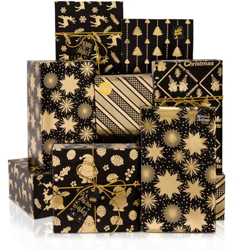 Toptime Papier Cadeau Noël, 6 Feuilles Noir et Doré Emballage Cadeau de Noël avec Autocollants Ruban, Métallisée Papier Cadeaux avec Père Noel Rennes Sapin pour Nouvel An, Fête, Vacances 70x50cm
