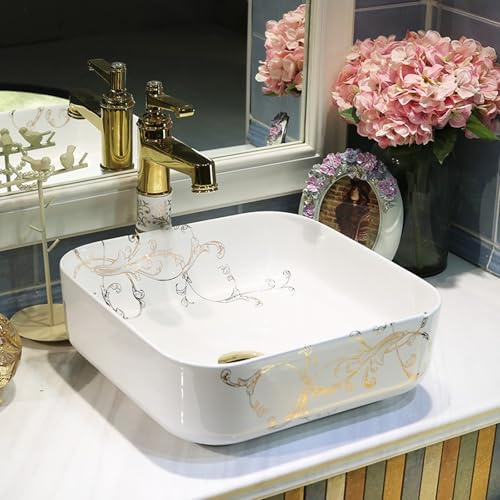 Lavabo Baño de 39 Cm (15), Lavabo sobre Encimera con Grifo, Lavabo de Tocador Pintado a Mano, Lavabo Piedra para Baño o de Visitas