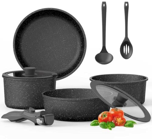 PureGlow Granit Antihaft-Kochset mit abnehmbaren Griffen – 10-teilig inkl. Bratpfanne und Kochtopf mit Deckel – induktionsgeeignet, spülmaschinengeeignet & ofenfest für alle Herdarten, Schwarz