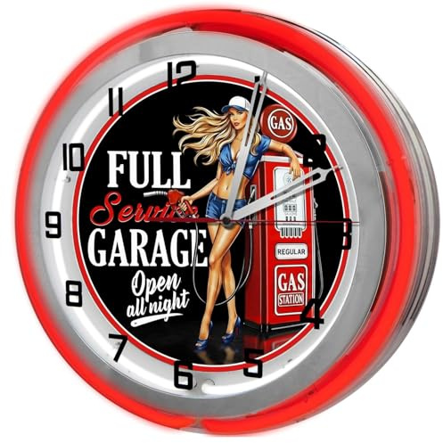 Decorative Concepts Full Service Garage Clock, Gas Station Wall Neon Wall Clock, Illuminated, 12-Hour Display 19 Inch Double Neon