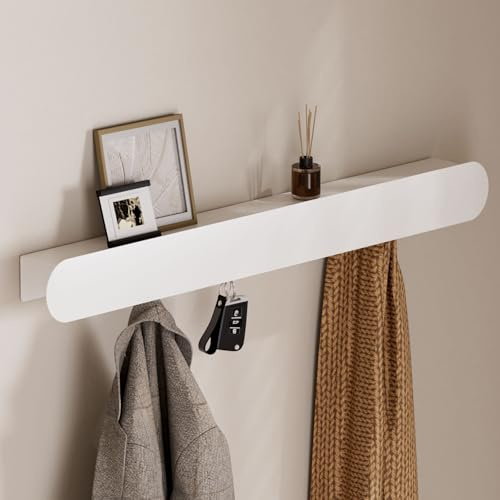 YORBAY Perchero de pared de metal moderno y sencillo: perchero con 6 ganchos ocultos y estante, estante colgante con gancho para colgar llaves, para pasillo, salón, dormitorio (blanco)