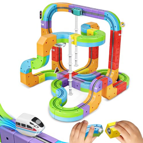 3D Cube Track Electric Train Set Toy, Gifts and Presents for Toddlers | Clickrail easy-to-connect, Two battery-powered trains, anti-gravity design, promotes STEM skills, for boys girls age 3+