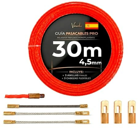 Guía Pasacables Profesional 30 m, 4,5 mm, 6 Terminales Intercambiables M5 | Sonda pasacables de poliéster trenzado monofilamento, alta rigidez para electricistas, tubos, conductos y canalizaciones