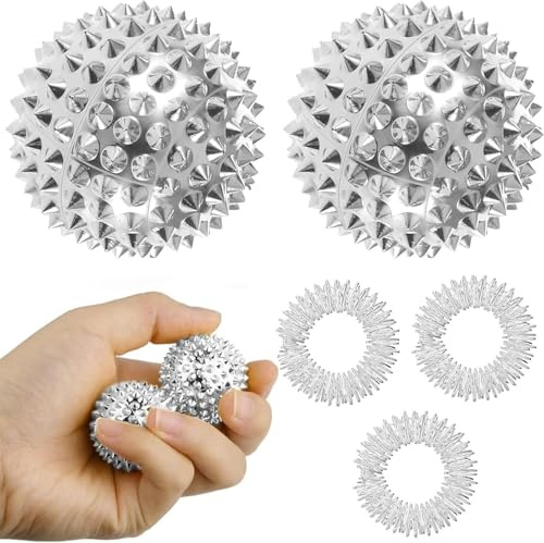ZIOYANE 1 par de bolas de masaje de 1,25 pulgadas con puntos y 3 anillos magnéticos plateados, masajeador de muñeca de acupresión para adultos