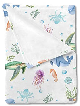 Sea Animals Flannel Baby Toddler Blankets for Girls and Boys Marine Turtle Whale Jellyfish Sea Horse Weeds Sealife Receiving Blanket Newborn Nursery Bed Blanket Swaddle Crib Blanket Nautical 30x40inch