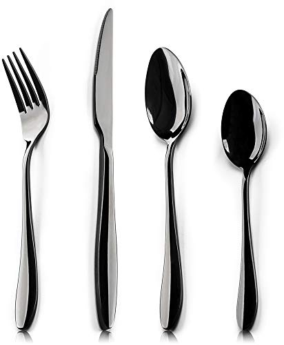 HaWare Cutlery Set, 16 Piece Stainless Steel Black Flatware Set for 4, Elegant Tableware Silverware Include Knives Forks Spoons, Mirror Finish, Dishwasher Safe