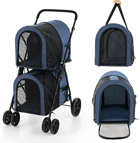 COSTWAY Cochecito 4 en 1 de Doble Nivel para Perros y Gatos, Carrito Plegable Desmontable con 4 Ruedas (Azul)