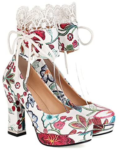 CRETUAO Chaussures brodées Florales à Talons Hauts pour Femmes, Chaussures Robe mariée à Talons épais Classiques et élégantes, Sandales à Bride de Cheville en Dentelle Vintage,Blanc,40 EU
