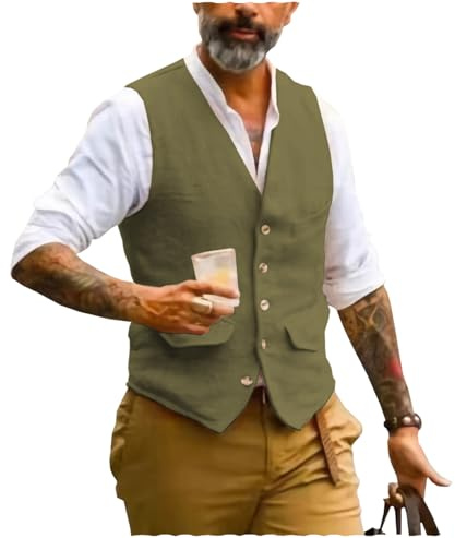 AeoTeokey Gilet Estivo da Uomo in Lino per Completo Panciotto Scollo a V Vintage Formale alla Moda Vestibilità Regolare, Verde oliva, S