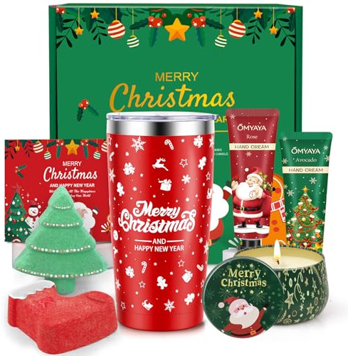 Idee Cadeau Noël Femme, 7 pièces Coffret Cadeau Femme Noël: 2 Crèmes Mains, 1 Bougie Parfumées, 2 Bombes de bain, 1 Mug (600 ML), 1 Carte de vœux, Cadeaux Noel pour Femmes Anniversaire Saint-Valentin