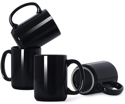 Smilatte 450ml Porcelain Coffee Mugs, Classic Blank Ceramic Cup with Large Handle for Tea Latte Cappuccino, Set of 4, Blck