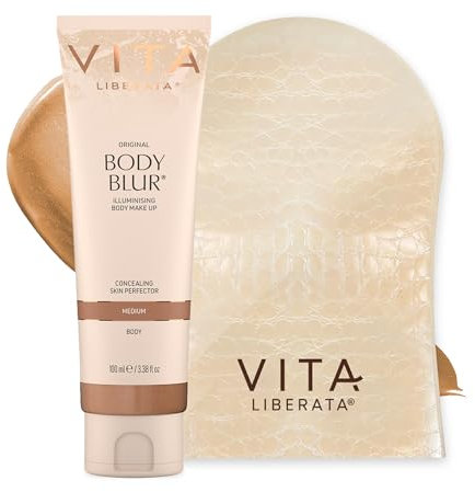 VITA LIBERATA Body Blur Medium 100ml & Mitt Bundle, Leg & Body Makeup, Wash Off Instant Tan, Streak Free Application Blending Mitt, Water resistant, Disguise Imperfections, Flawless Finish