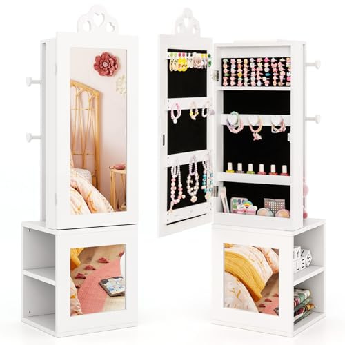 GOPLUS Armoire à Bijoux Enfant Fille, 3 en 1 Armoire de Bijoux sur Pied avec Miroir Pleine Longueur, Porte-vêtements, Kit Anti-basculement, Motif Cœur, pour Chambre d'Enfants (Blanc)