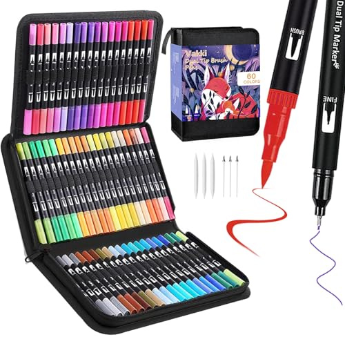 VAKKI 60 Dual Tip Colouring Pens, Felt Tip Brush Drawing Art Pen for Painting, Writing, Drawing and Sketching