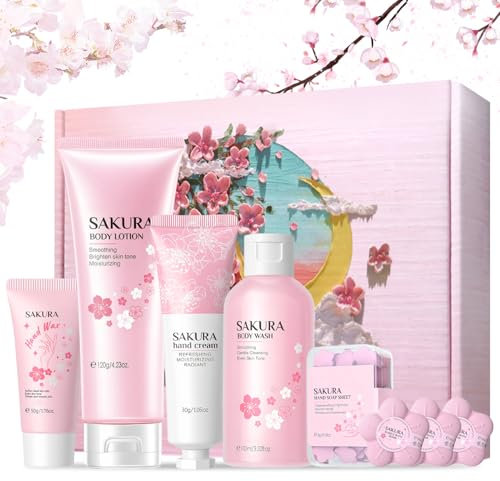 Cesta Regalo Mujer, Set Baño Mujer Sakura, Gel de Ducha/Bombas de Baño/Crema Hidratant Corporal/Mascarilla para Manos/Jabon en Escamas/Crema de Manos para Hogar Spa