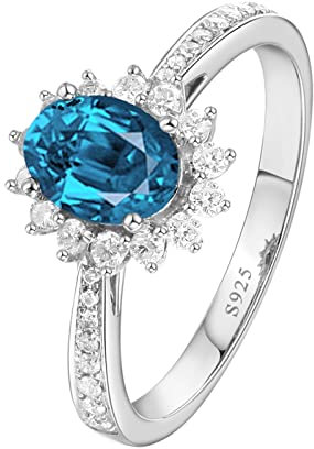 Tolldek 925 Silber Partnerringe, Sterlingsilber S925 Hochzeitsring mit Oval Zirkonia Meeresblau, Ringe Silber Vintage Eheringe Echtschmuck, Gr. 58