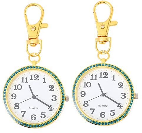 minkissy 2pcs Portable Clip-on Pocket Watch Keychain with Rhinestones Embellishment Zinc Alloy Material, Golden Colour, Suitable for Bags and Belts, Unisex Design for Boys and Girls