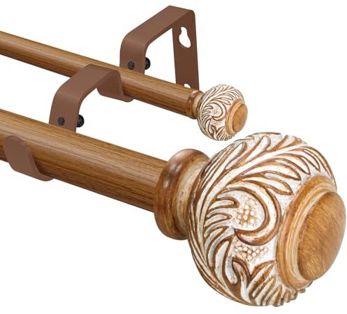 BHSRODS Barra de cortina doble de madera sintética de 1 pulgada con cenefa | Juego de varillas ajustables para ventana, postes de grano de madera con adornos de bolas florales, fácil instalación para