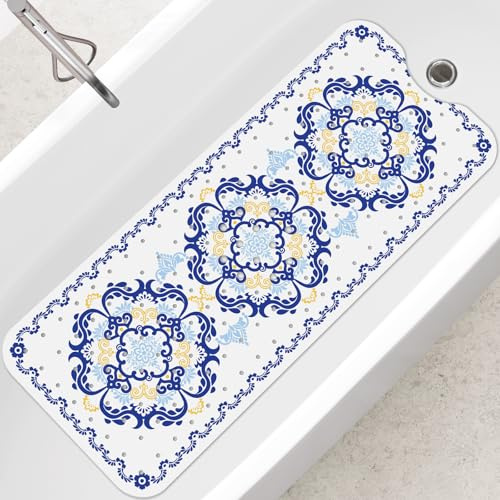 SHUCHING Tappetino Antiscivolo Vasca da Bagno per Adulti, 100x40cm Tappeto Doccia Antiscivolo Senza BPA, Tappetino Bagno Resistente alla Muffa e Lavabile in Lavatrice, Blu Boho