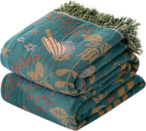 HOORDRY Bohemian Organic Cotton Bed Throw Blanket, 230x275CM | Soft Muslin Blanket Super King Size, Double-Sided Extra Large sofa Throws for 3 4 Seater with Bird, Green/Teal