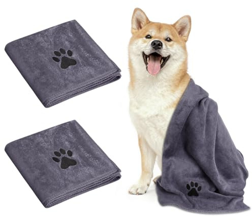 Adiwo 2 Pièces Serviette pour Chien Extra Absorbante, 75x35cm Petit Serviette de Bain pour Chien, Serviettes pour Chiens Microfibre Serviettes Chiens Douce pour Bain, Baignade et Jours de Pluie, Gris