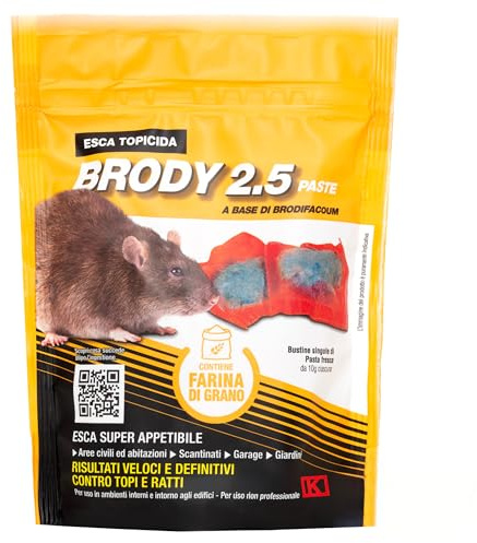 Kollant Brody 2.5 Paste Rosso - 150g. Veleno per Topi Professionale in Bustine di Pasta Fresca a Base di Brodifacoum. Esche per Topi ad Uso Interno ed Esterno. Aroma Farina di Grano Tenero.