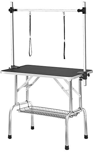 90 x 60 x 76 cm, tavolo pieghevole per cani, accessori per parrucchiere, tavolo da toelettatura con braccio regolabile, guinzaglio e supporto in rete e tappetino in gomma, altezza regolabile (nero)