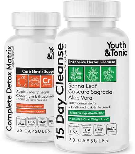 Youth & Tonic 15 Day Cleanse & Carb Matrix Support for Bloating & Metabolism, Intensive Herbal Colon Cleanser & Gut Detox for Digestive Reset with Senna, Glucomannan & Chromium, 60 Pills