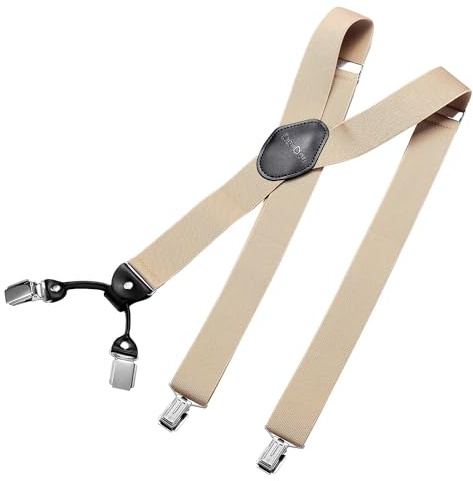 DonDon bretelles homme large 3,5 cm avec 4 clips bretelles homme travail extra fort, élastique et réglable en longueur Beige